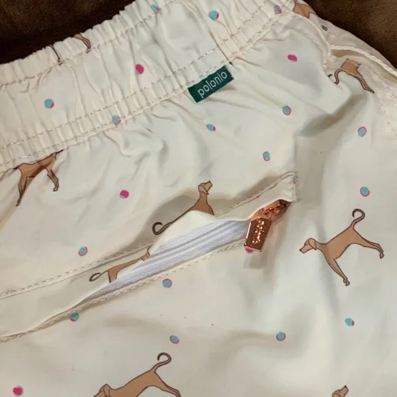 Polonio Ivory Brown Pink M Swim Shorts with Dog Print Beach Boat Coastal - Picture 9 of 9